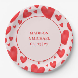 Retro Valentine Hearts Wedding Red Pink Paper Plate