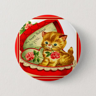 Retro Valentine ~ Kitten In a Heart-Shaped Box 6 Cm Round Badge