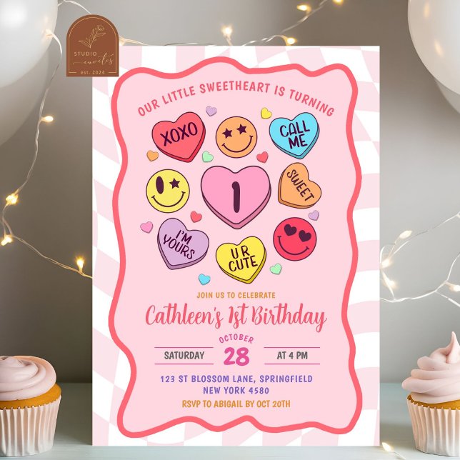 Retro valentine Pink Girl Heart Candy Invitation (Creator Uploaded)
