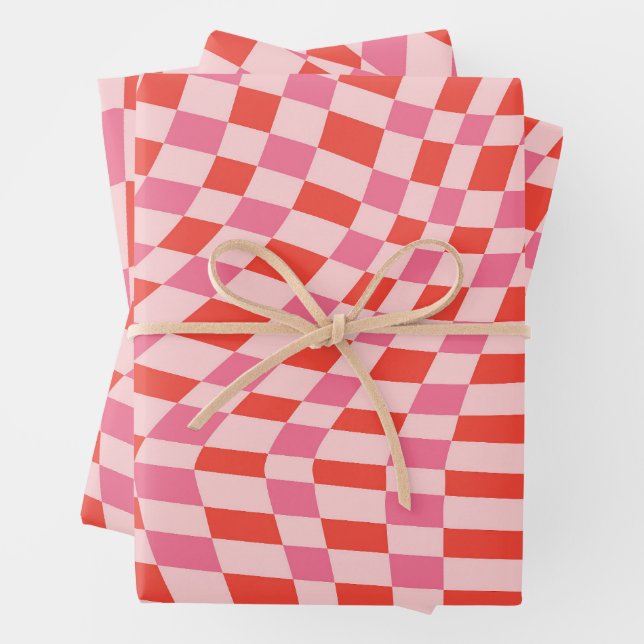 Retro Valentine Pink Red Wavy Checkerboard Cute Wrapping Paper Sheet (In situ)