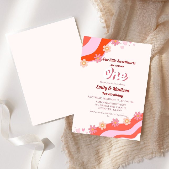 Retro Valentine Sweetheart Joint First Birthday  Invitation (Creator Uploaded)