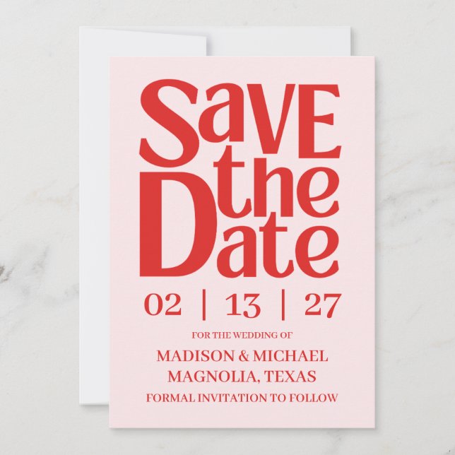 Retro Valentine Wedding Photo Red Pink Save The Date (Front)