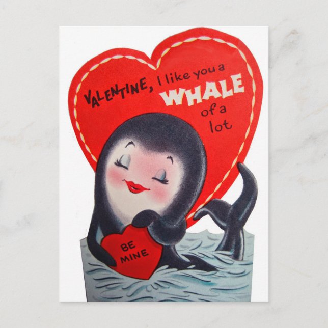 Retro Valentine whale Holiday cute postcard (Front)