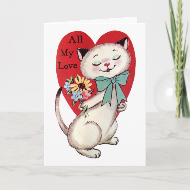 Retro Valentine's All My Love Cat Design Holiday Card (Front)