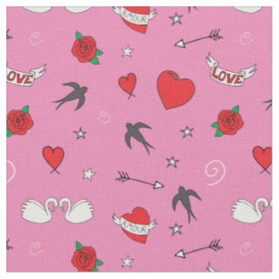 Retro Valentines Cute Pattern on Pink Fabric