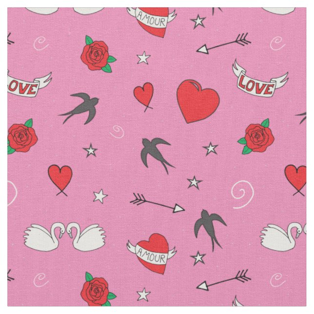 Retro Valentines Cute Pattern on Pink Fabric (Close Up)