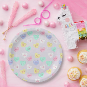 Retro Valentine's Day Candy Hearts on Purple Paper Plate