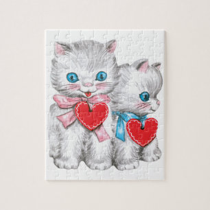 Retro Valentine's Day Cats, Vintage Cute Kitten Jigsaw Puzzle