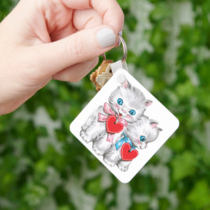 Retro Valentine's Day Cats, Vintage Cute Kitten Key Ring