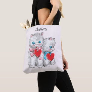 Retro Valentine's Day Cats, Vintage Cute Kitten Tote Bag