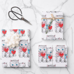 Retro Valentine's Day Cats, Vintage Cute Kitten Wrapping Paper Sheet