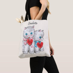 Retro Valentine's Day Cats, Vintage Fluffy Kittens Tote Bag