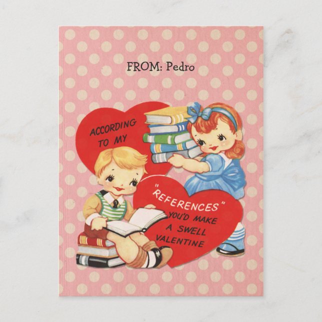 Retro Valentines Day Kids Books Pink Polka Dots Holiday Postcard (Front)