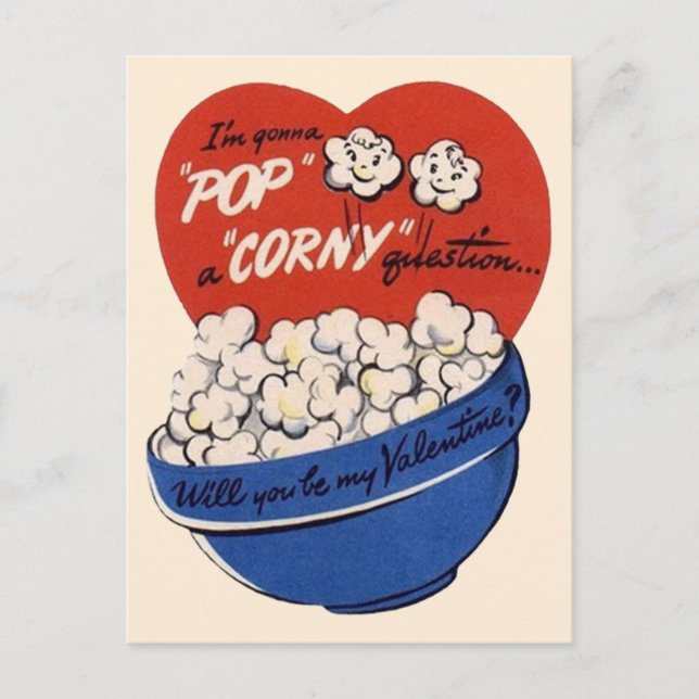 Retro Valentines Day, Popcorn Pop a Corny Question Holiday Postcard (Front)