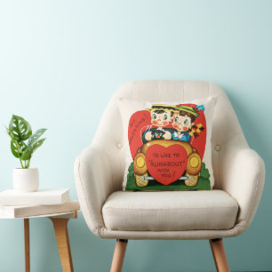 Retro Valentine's Day, Vintage Boy and Girl in Car Cushion