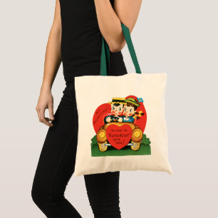 Retro Valentine's Day, Vintage Boy and Girl in Car Tote Bag