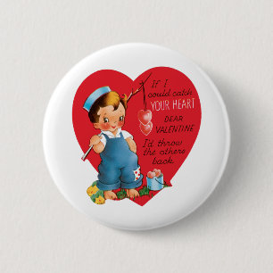 Retro Valentine's Day, Vintage Boy Fishing Hearts 6 Cm Round Badge