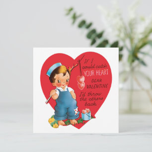 Retro Valentine's Day, Vintage Boy Fishing Hearts Holiday Card