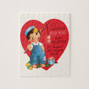 Retro Valentine's Day, Vintage Boy Fishing Hearts Jigsaw Puzzle