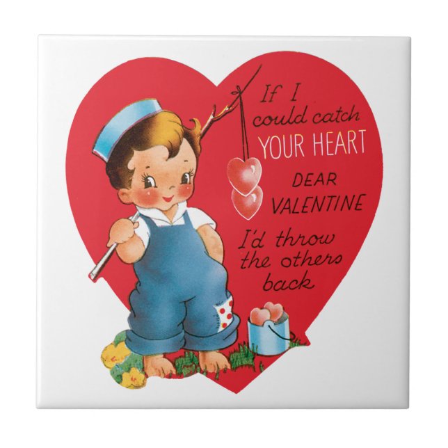 Retro Valentine's Day, Vintage Boy Fishing Hearts Tile (Front)