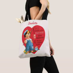 Retro Valentine's Day, Vintage Boy Fishing Hearts Tote Bag