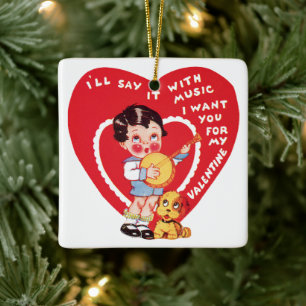 Retro Valentine's Day, Vintage Boy Music Banjo Ceramic Ornament