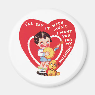 Retro Valentine's Day, Vintage Boy Music Banjo Magnet