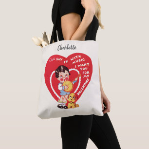 Retro Valentine's Day, Vintage Boy Music Banjo Tote Bag