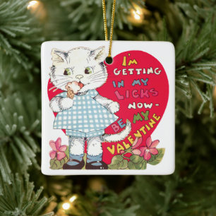 Retro Valentine's Day Vintage Cat Eating Ice Cream Ceramic Tree Decoration