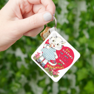 Retro Valentine's Day Vintage Cat Eating Ice Cream Key Ring