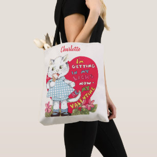 Retro Valentine's Day Vintage Cat Eating Ice Cream Tote Bag