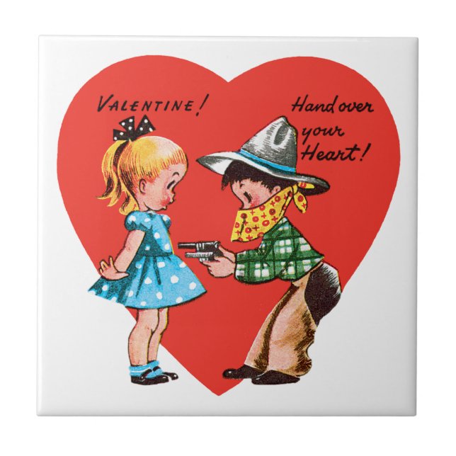 Retro Valentine's Day, Vintage Cowboy with Girll Tile (Front)