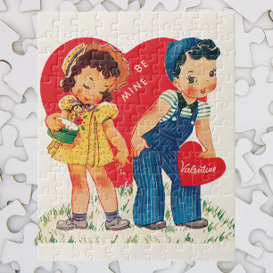 Retro Valentine's Day, Vintage Girl and Boy Hearts Jigsaw Puzzle