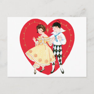 Retro Valentine's Day, Vintage Harlequin and Heart Holiday Postcard