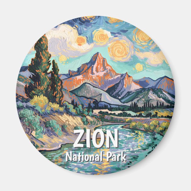 Retro Van Gogh Zion Watchman Virgin River Colorful Magnet (Front)