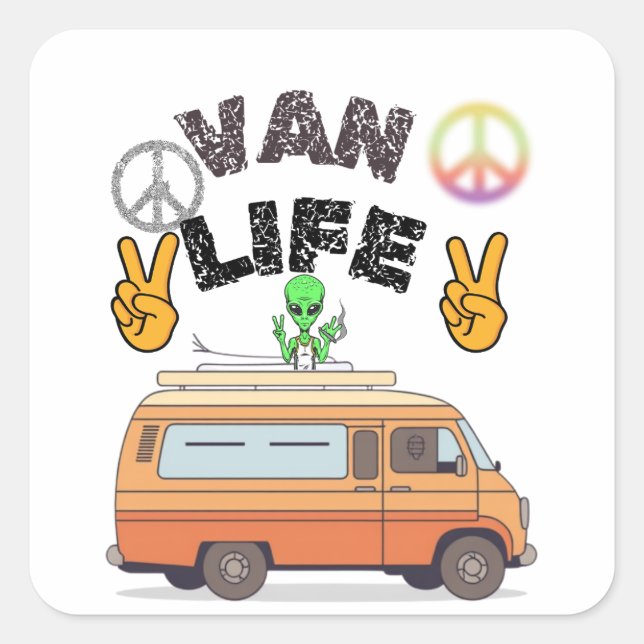 Retro van life alien camper peace sign design square sticker (Front)