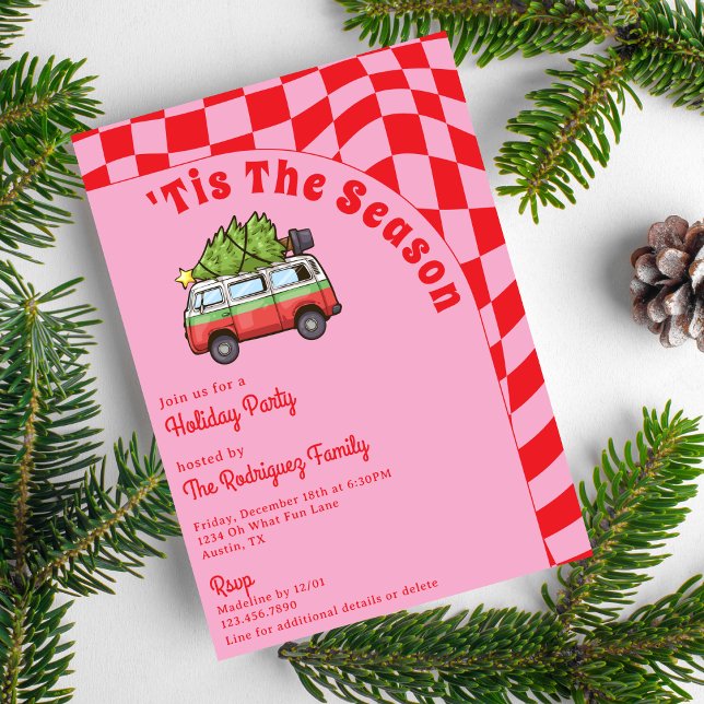Retro Van Red Pink Chequerboard Christmas Party  Invitation (Creator Uploaded)