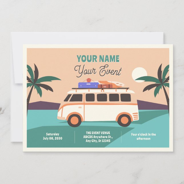 Retro van summer travelling  invitation (Front)