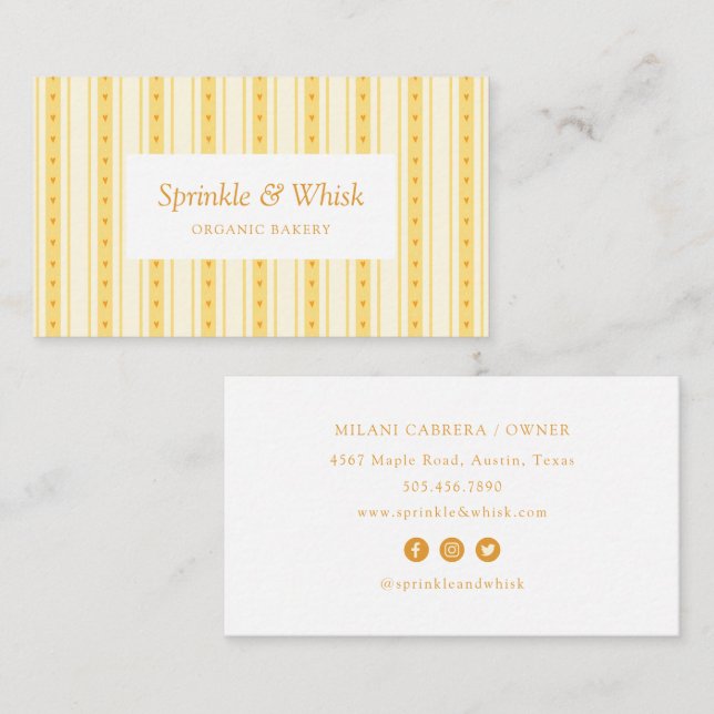 Retro Vanilla Yellow Heart Stripes Bakery Business Card (Front/Back)