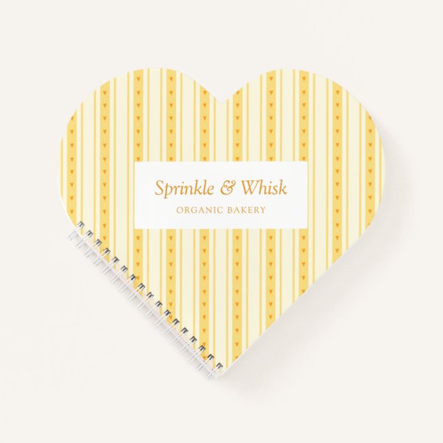 Retro Vanilla Yellow Heart Stripes Bakery Notebook (Front)