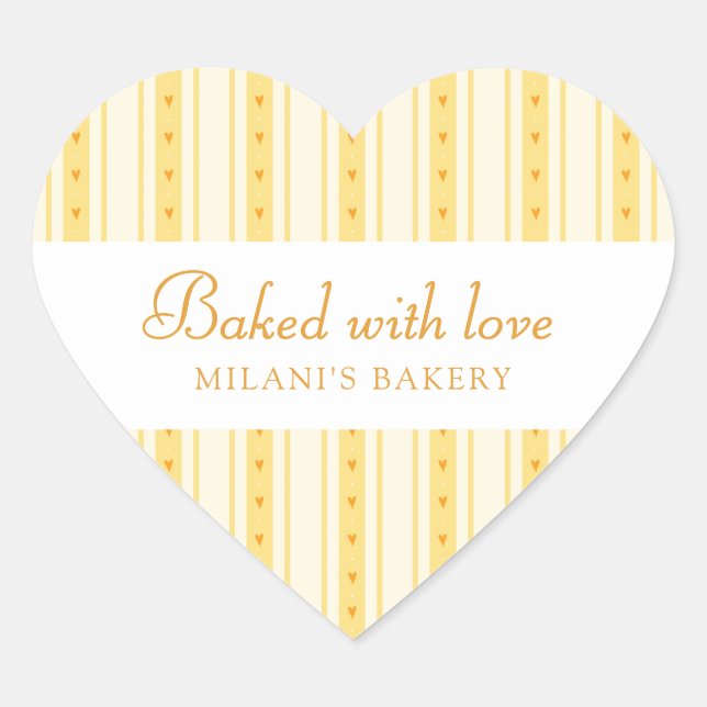 Retro Vanilla Yellow Heart Stripes Bakery Sticker (Front)