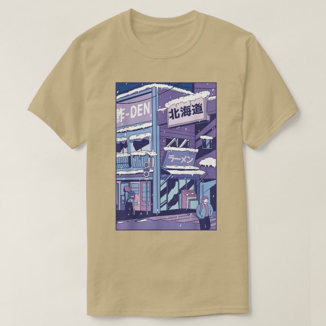 Retro Vaporwave Japanese City Covered in Snow  T-Shirt (Design Front)