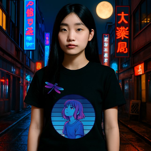 Retro Vaporwave Moon Melancholy Anime Girl T-Shirt (Creator Uploaded)