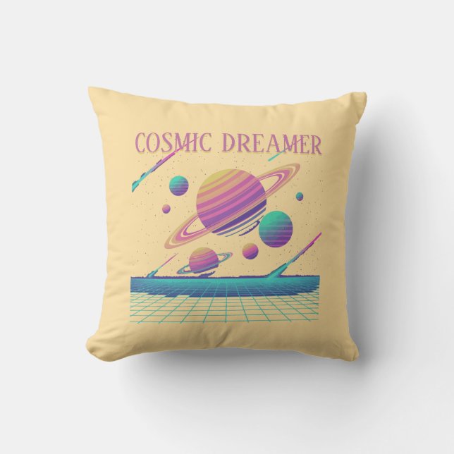 Retro Vaporwave Planets Synthwave Cushion (Front)