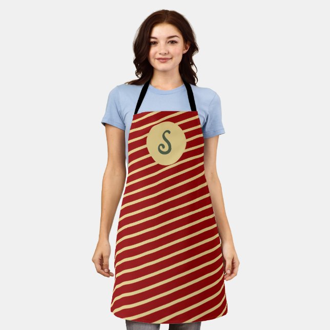 Retro Varsity Crimson Red & Cream Stripes Monogram Apron (Worn)