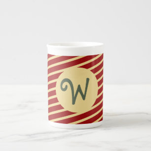 Retro Varsity Crimson Red & Cream Stripes Monogram Bone China Mug