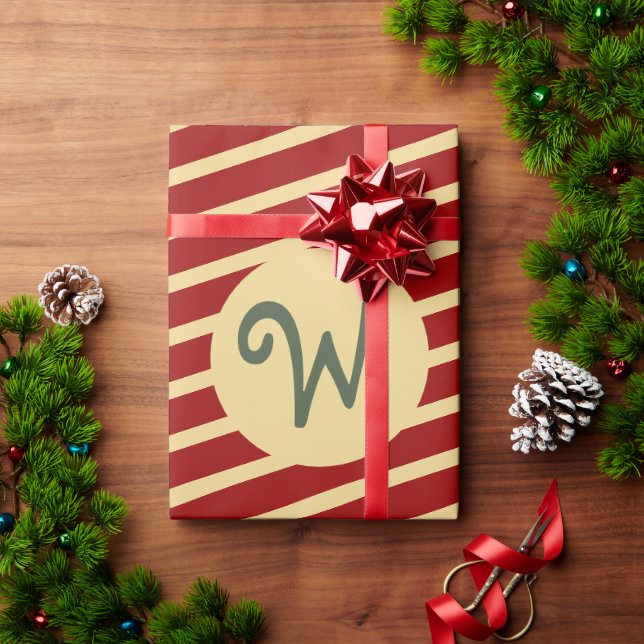 Retro Varsity Crimson Red & Cream Stripes Monogram Wrapping Paper (Holiday Gift)