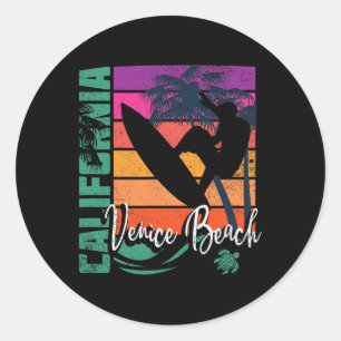 Retro Venice Beach California Sea Turtle Surfing B Classic Round Sticker