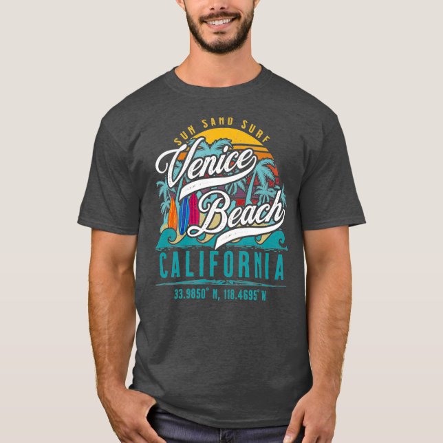Retro Venice Beach California Sun Sand Surf Palm T-Shirt (Front)