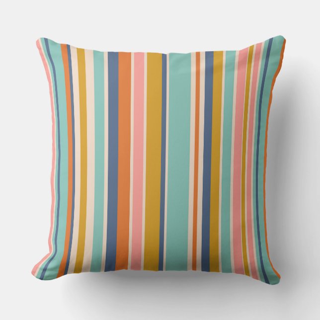 Retro vertical orange blue and yellow pink stripes cushion (Front)